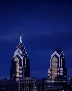 nighttime skyline view of Liberty Place in Philadelphia